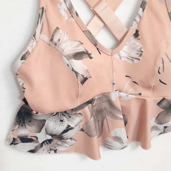 L'urv Pink Sports Bra Top Sz Small Peplum Floral Print Ruffle Cross Racer Back - Picture 2 of 7